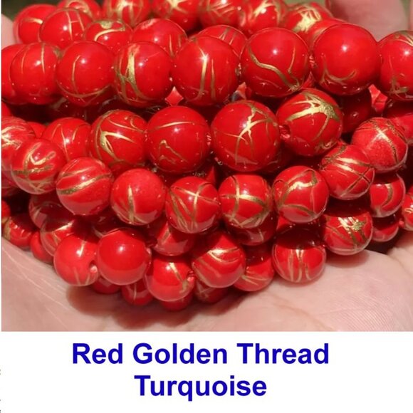Red Golden Thread Turquoise Beads  15" Strand. - Picture 1 of 2